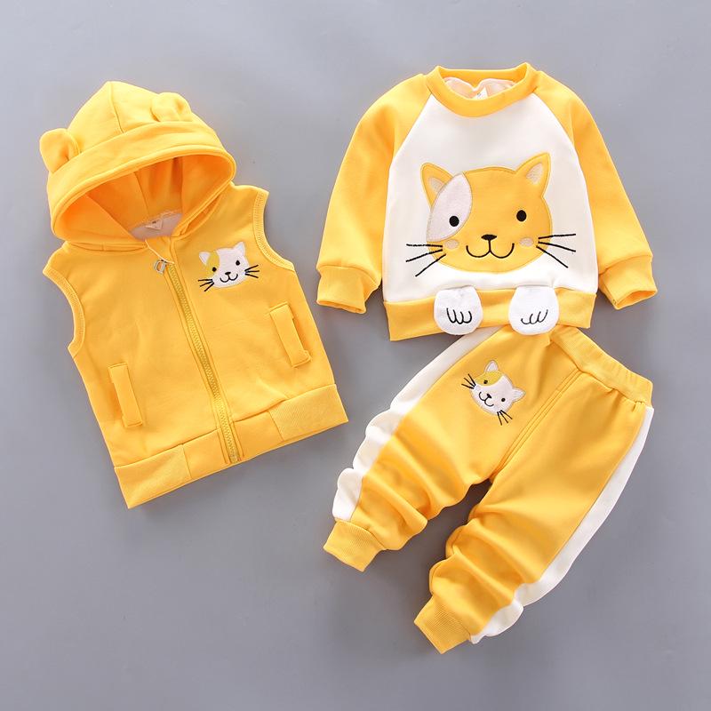 Baby Boys' 3-Piece Cartoon Bear Fleece Clothing Set - Jacket, Vest, and Pants for Autumn/Winter