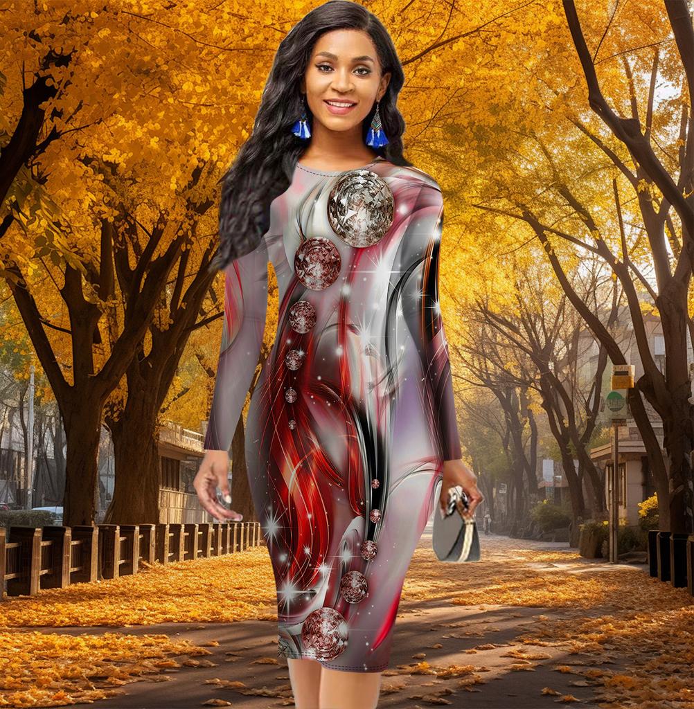 Long Sleeve Waist Tight Office Slim Fit Fashion Pearl Printing Elegant Bodycon Dress