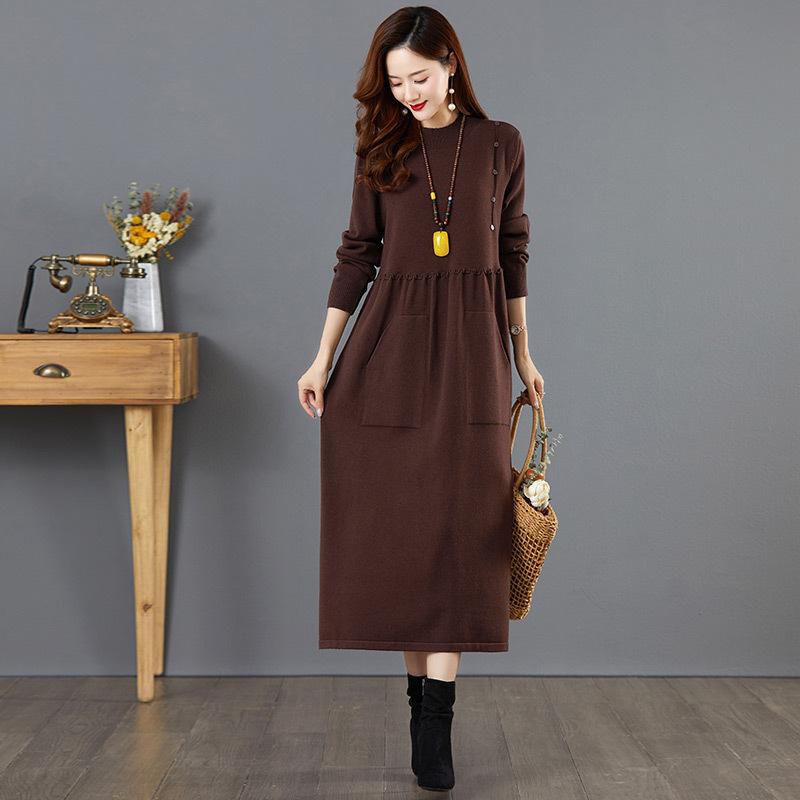 Autumn and Winter Knitted Sweater Skirt Women's Long Knee-length Bottom Skirt with Coat Inside and Outside Dress Pocket Long Skirt