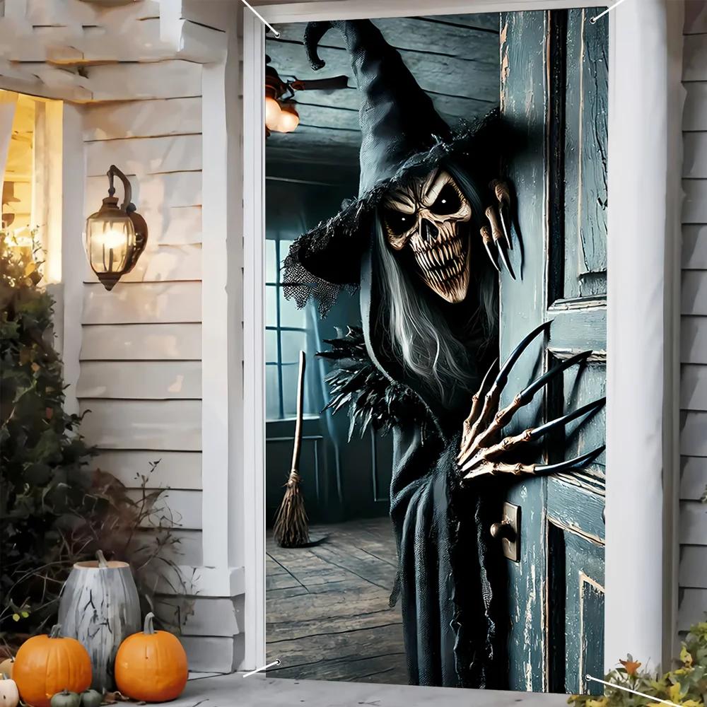 Halloween Horror Door Banner Long Haired Skeleton Ghost Haunted House Entrance Decor Spooky Theme Party Courtyard Ornament