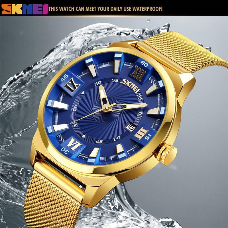 SKMEI Men Luxury Gold Quartz Watch Business Stainless Steel Waterproof Wristwatch