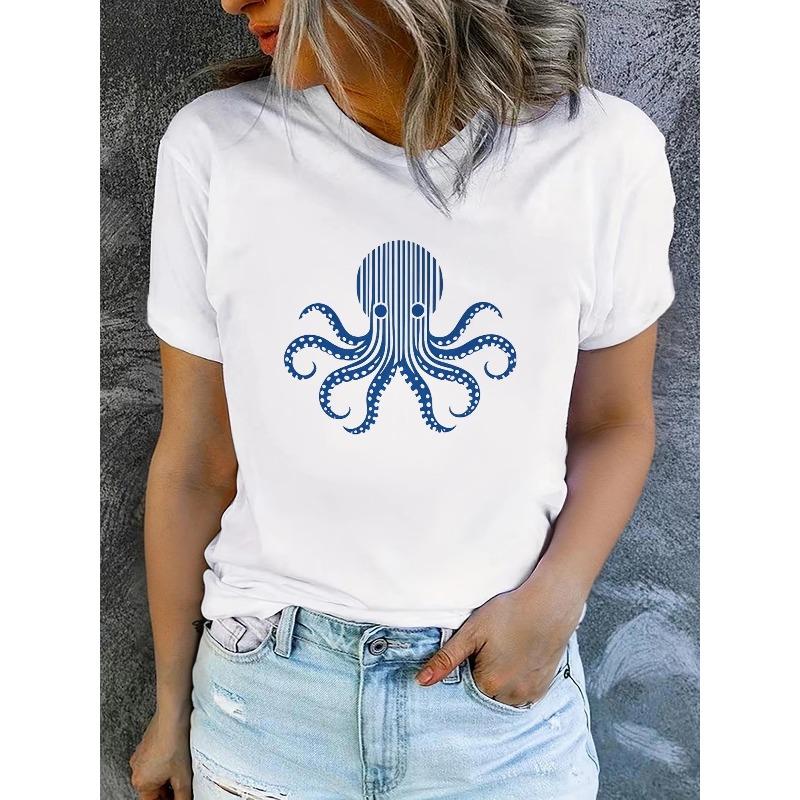 T-shirt da donna estive a maniche corte stampate, alla moda e casual, lavabili in lavatrice, vestibilità comoda, stampa piatta 2D
