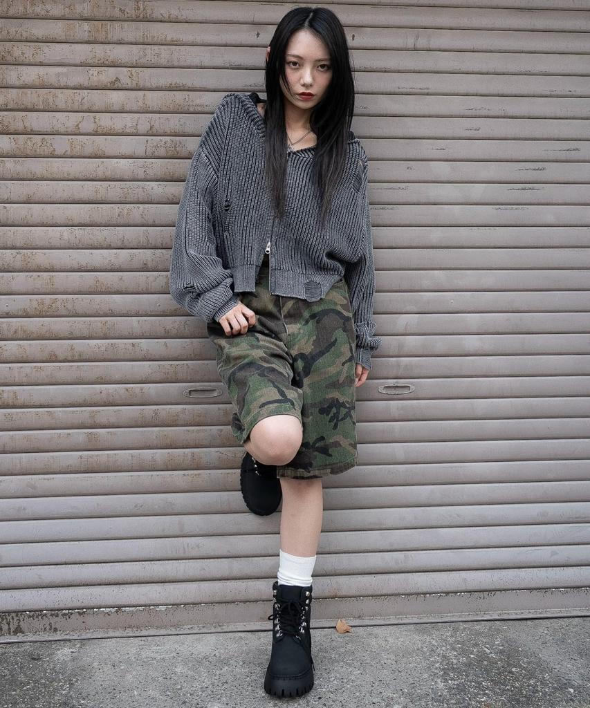 WEGO Distressed Knit Zip Size Sumikuro Women's Hoodie, Casual, Girly, Fall/Winter Outfit, F,