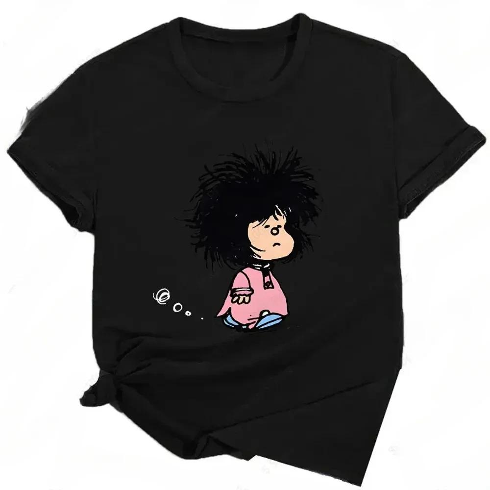 

Women Summer Harajuku Girls Streetwear Cute Cartoon Black Womens Clothing Mafalda Print Funny Graphic T Shirts S
