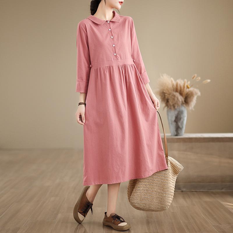 2025 new 6-color 4-size linen dress women's pullover long-sleeved medium and long solid color cotton and linen dress