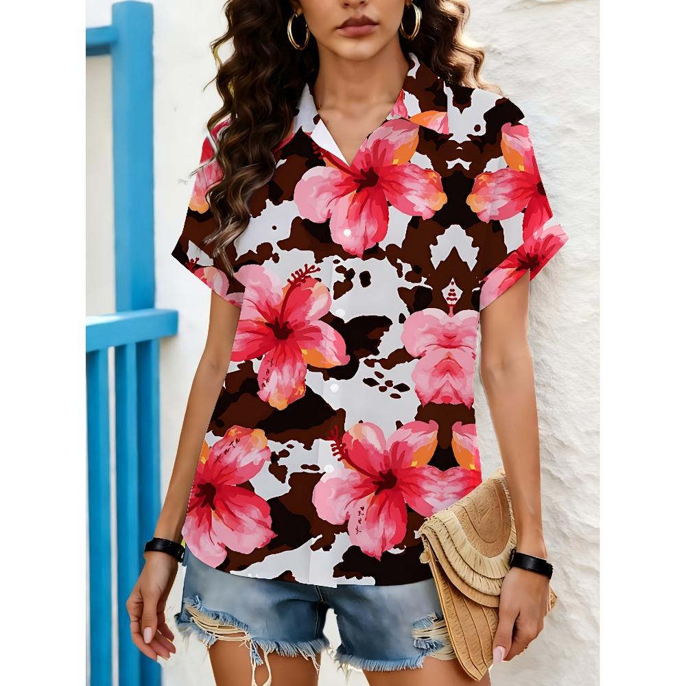 Brown And White Cow Print + Pink Hibiscus Short-Sleeve Shirt for Women - a Tropical Vacation Button-Up Designed for Fashion-Forward Women S