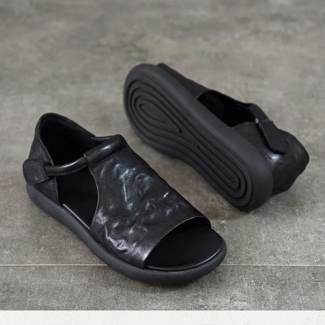 Johnature Genuine Leather Peep Toe Flat Sandals Vintage Solid Color Soft Sole Comfortable Versatile Women Shoes