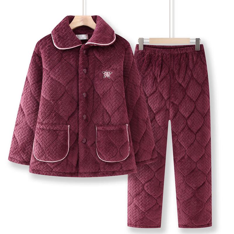 Langsha Women's Winter Coral Fleece Quilted Thermal Pajama Set