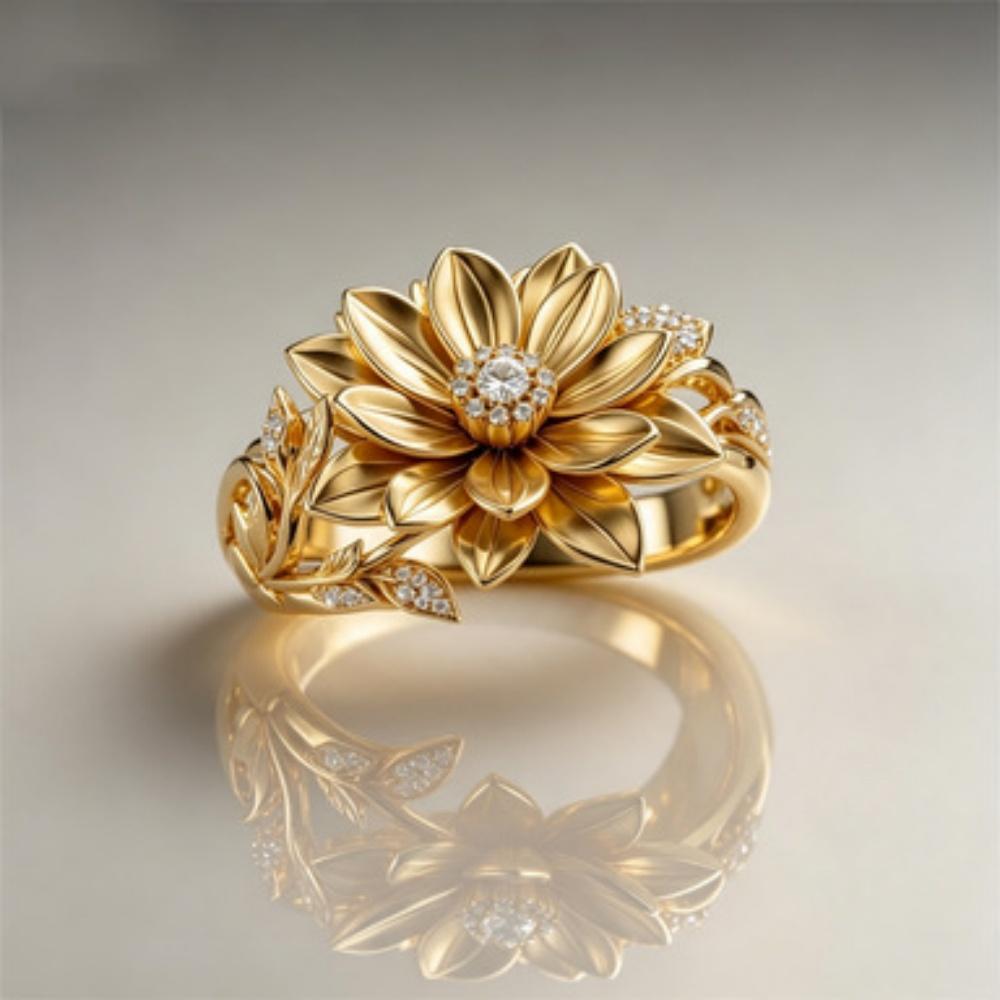Luxury Plant Female White Zircon Big Stone Engagement Lotus Ring Vintage Gold Color Wedding Fashion Jewelry For Women