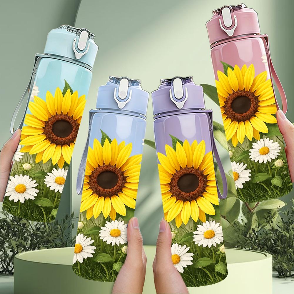 1PC Sunflower Daisy Mix 750ml Color Plastic Sports Water Bottle Leakproof Flip Straw Lid Suitable for Sports Office Home Use