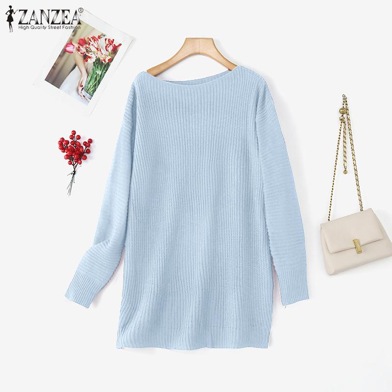 ZANZEA Women Scoop Neck Long Sleeve Knitted Casual Loose Sweaters Jumpers