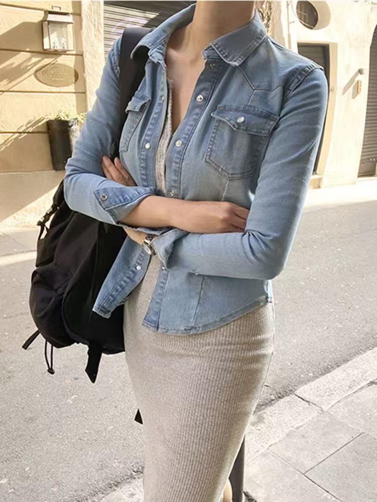 

Корейская весенняя джинсовая рубашка с длинным рукавом в французском стиле для похудения для женщин L светло-синий