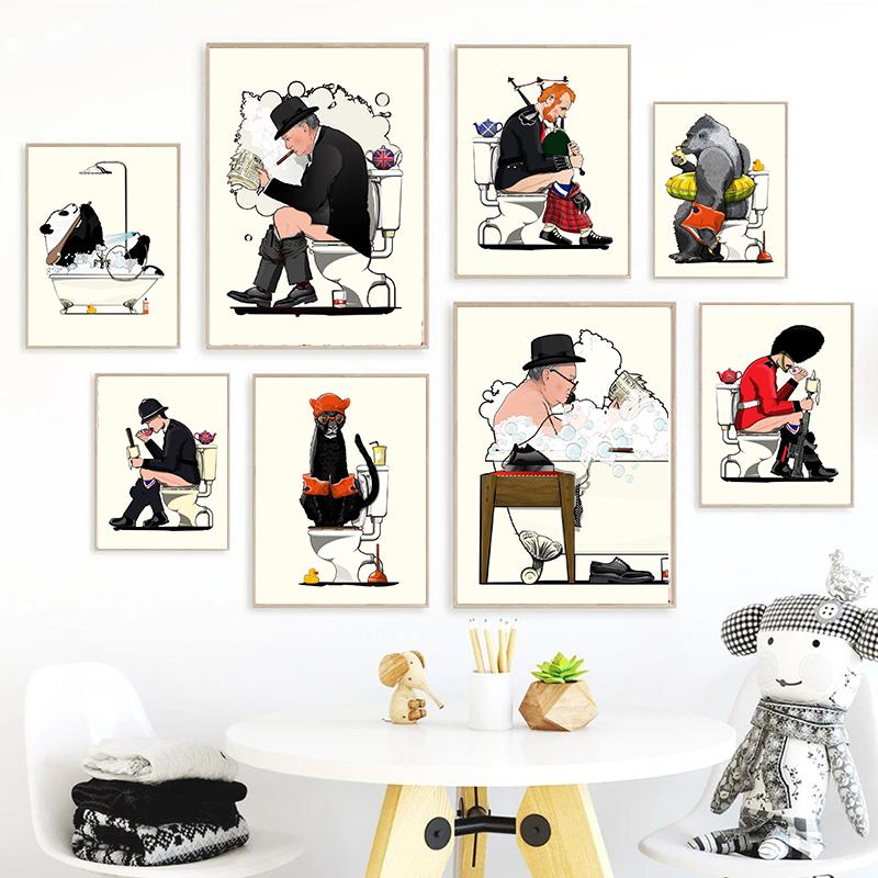 

Скандинавские настенные постеры для ванной комнаты, забавные джунгли, дикая природа, Великобритания, холст, картина с животными, настенное искусство для спальни, декор для туалетной комнаты