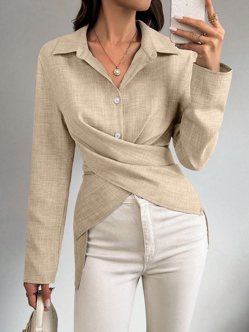 Women S Long Sleeve Collared Fitted Tie Detail Commute Shirt S абрикосовый