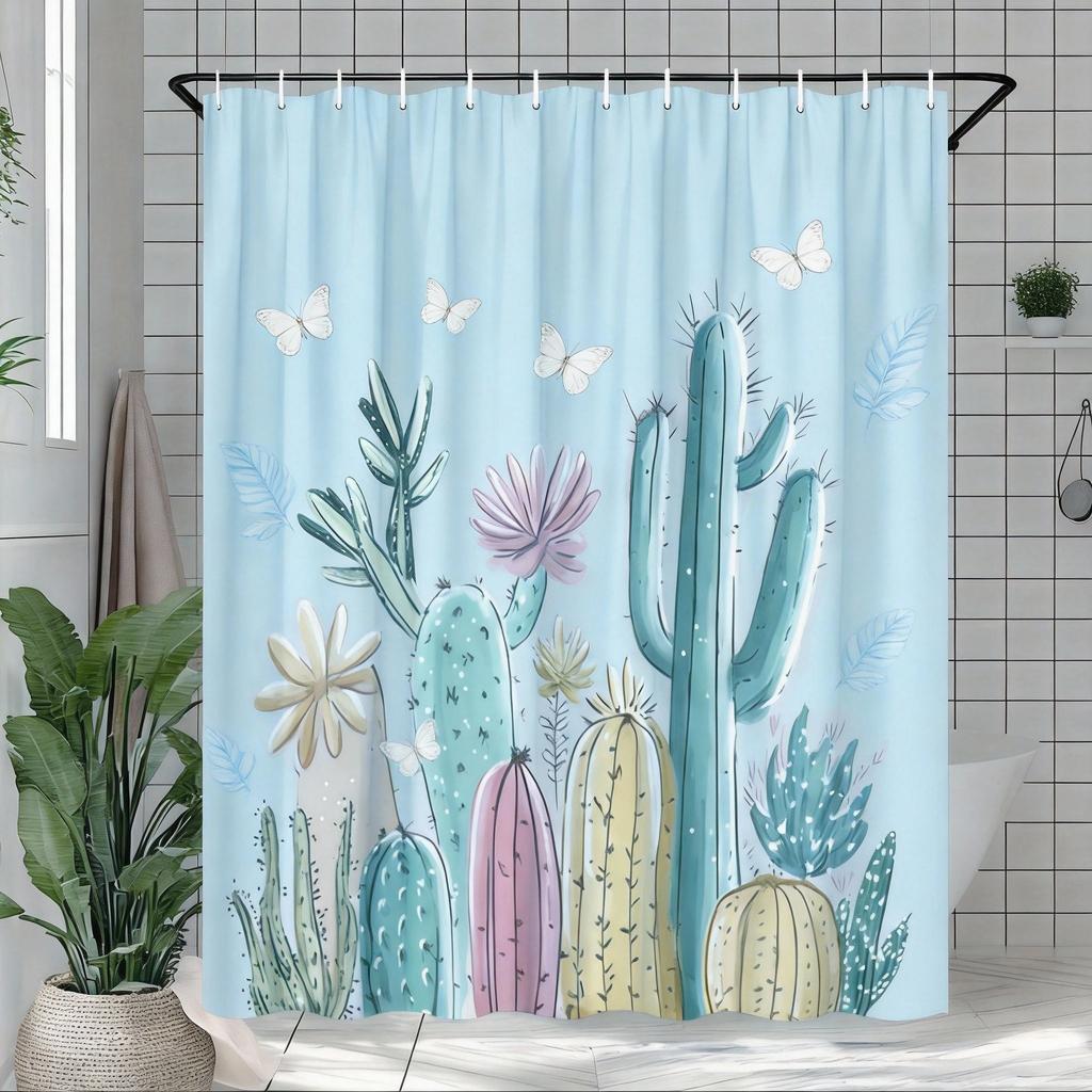 Cactus Garden Shower Curtain Colorful Succulents On Pink Background Polyester Bath Curtain With Hooks For Boho Decor
