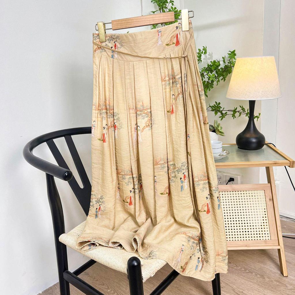 Qooth Hanfu waist wrap skirt  Cotton Linen Printed Pleated Skirt Elegant Vintage Skirt QT2187