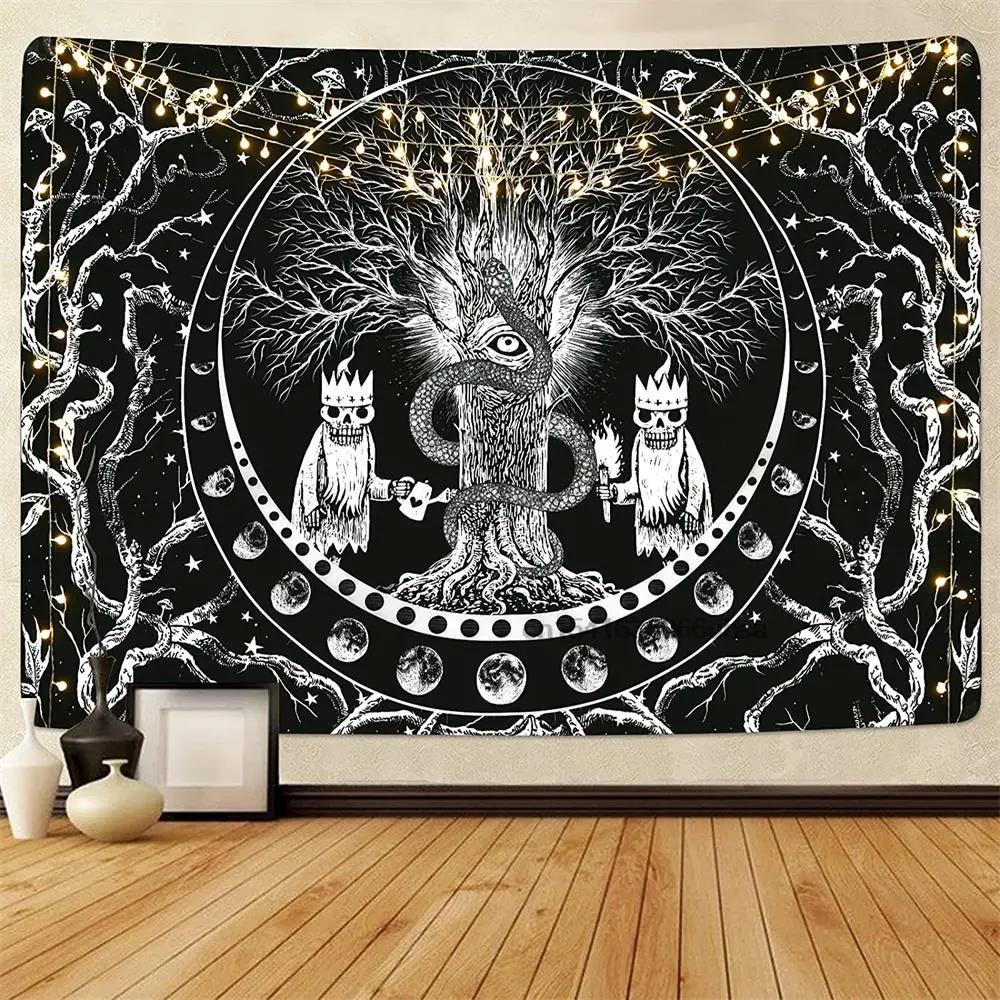 Black and White Wall Art Aesthetic Home Tapestry Gothic Skull  Psychedelic Hippie Mushroom