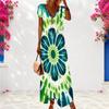 Women Plus Size V Neck Short Sleeve Dark Green Clover Printed Long Dress