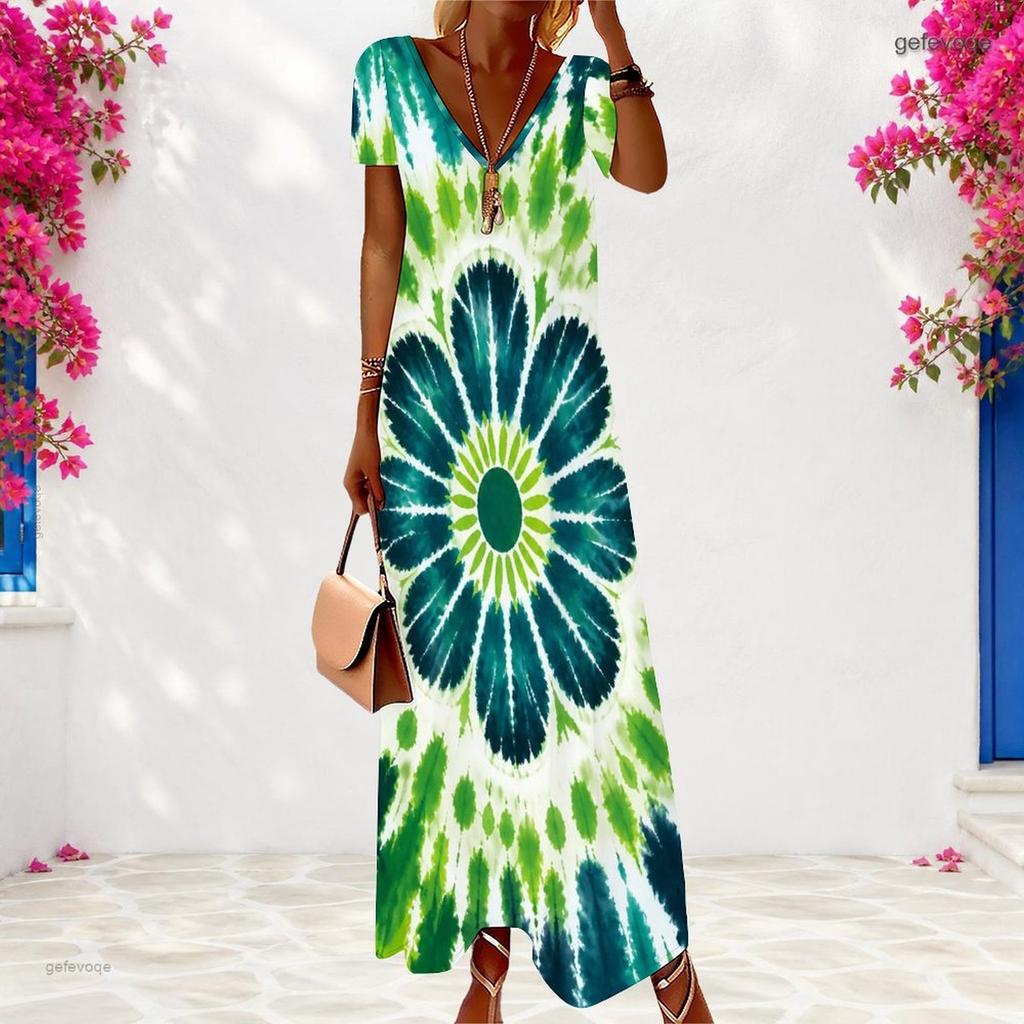 Women Plus Size V Neck Short Sleeve Dark Green Clover Printed Long Dress