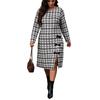 Plus Size Womens Black White Plaid Midi Dress With Side Bow Round Neck Long Sleeve Straight Fit