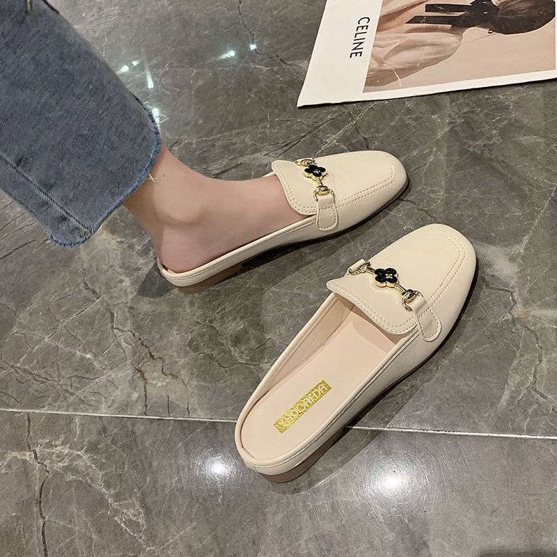 New Slippers Women Wear Square Head Single Shoes Women's Pregnant Women Flat Heels Summer Flat Bottom Lazy Bag Head Half Slippers