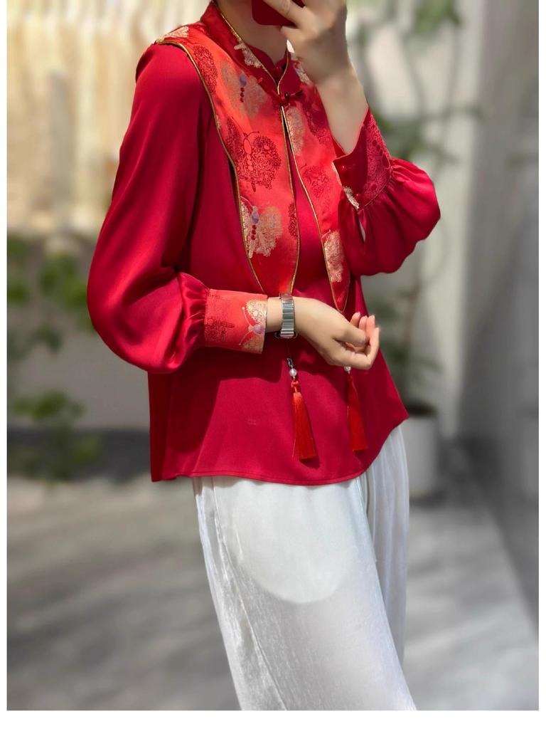 Chinese New Year 2024 Red Silk Dragon Shirt with Trumpet Sleeves