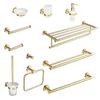 Luxury Brushed Gold Bathroom Accessory Set: Towel Rack, Bar, Paper Holder, Hook, Soap Dispenser.