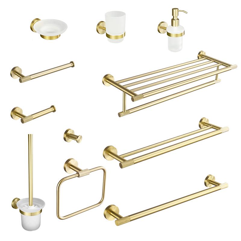 Luxury Brushed Gold Bathroom Accessory Set: Towel Rack, Bar, Paper Holder, Hook, Soap Dispenser.