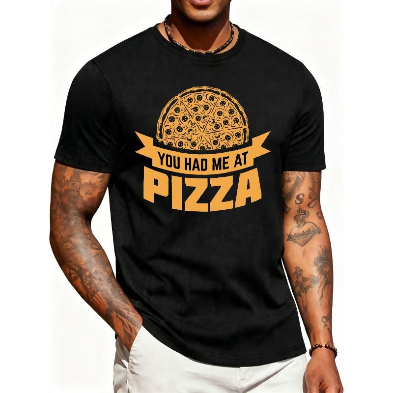 Men's Cotton Pizza Slice T-Shirt - Retro Pizza with Pizza & Text Banner - Breathable Soft Lightweight Short Sleeve Round Neck Casual Streetwear Top