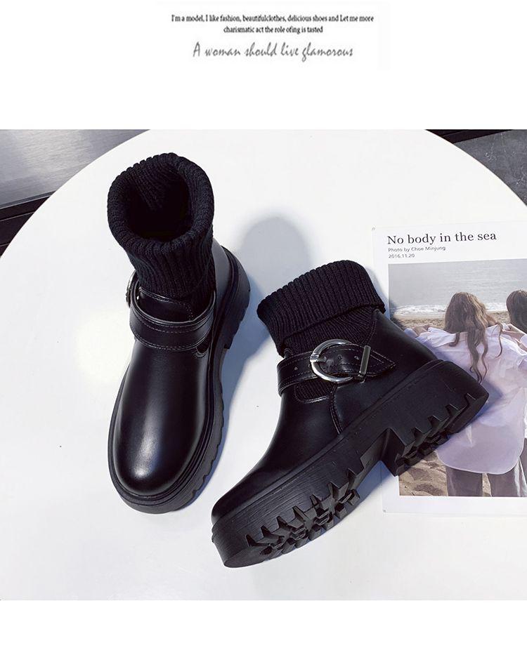 Women's Chunky Heel Knitted Wool Ankle Boots, Warm Velvet-Lined Cotton Leather Martin Style