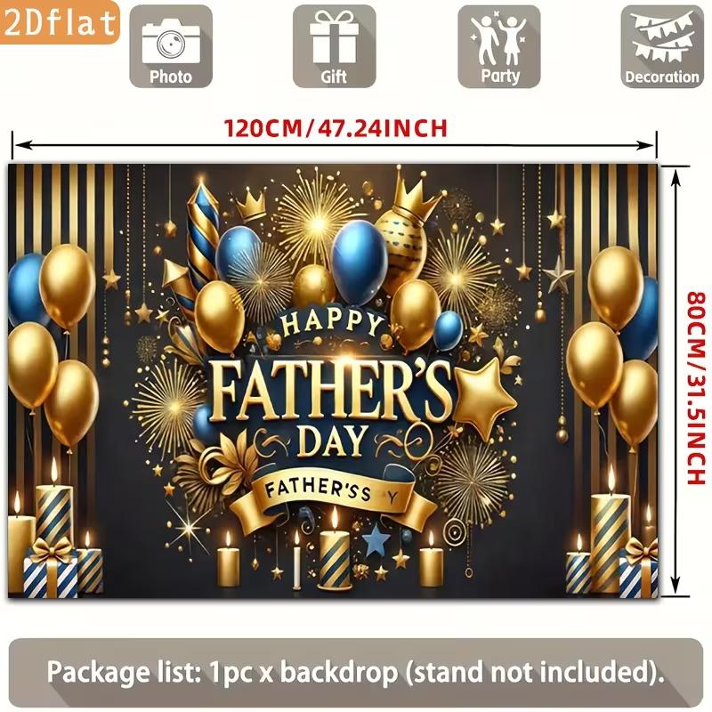 Happy Father's Day Backdrop, Black and Gold with Balloons, Candles and Fireworks for Father's Day Party