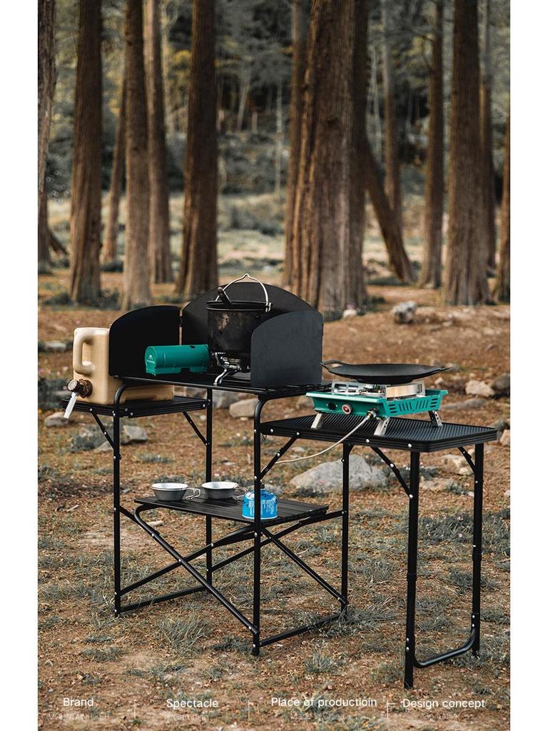 Portable Outdoor Camping Kitchen: Folding Stand with Grill, Fire Pit, and Tea Boiler for Mountain Adventures