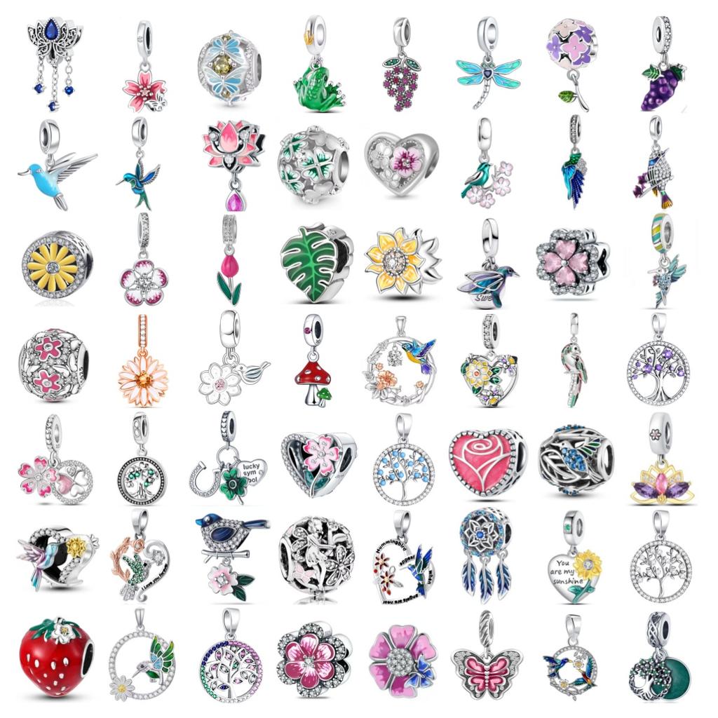 Springs Flower Series Copper Bird Hibiscus Tulip Charm Bead Fit Women Original Bracelet Jewelry For Gift