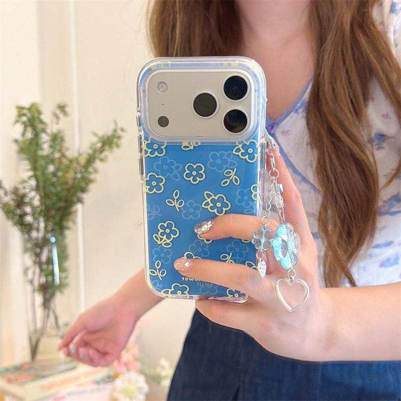 Kawaii Blue Yellow Line Floral Clear Phone Case With Matching Wrist Strap For iPhone 14 15 16 17 Pro Max INS Cute Shockproof Cov