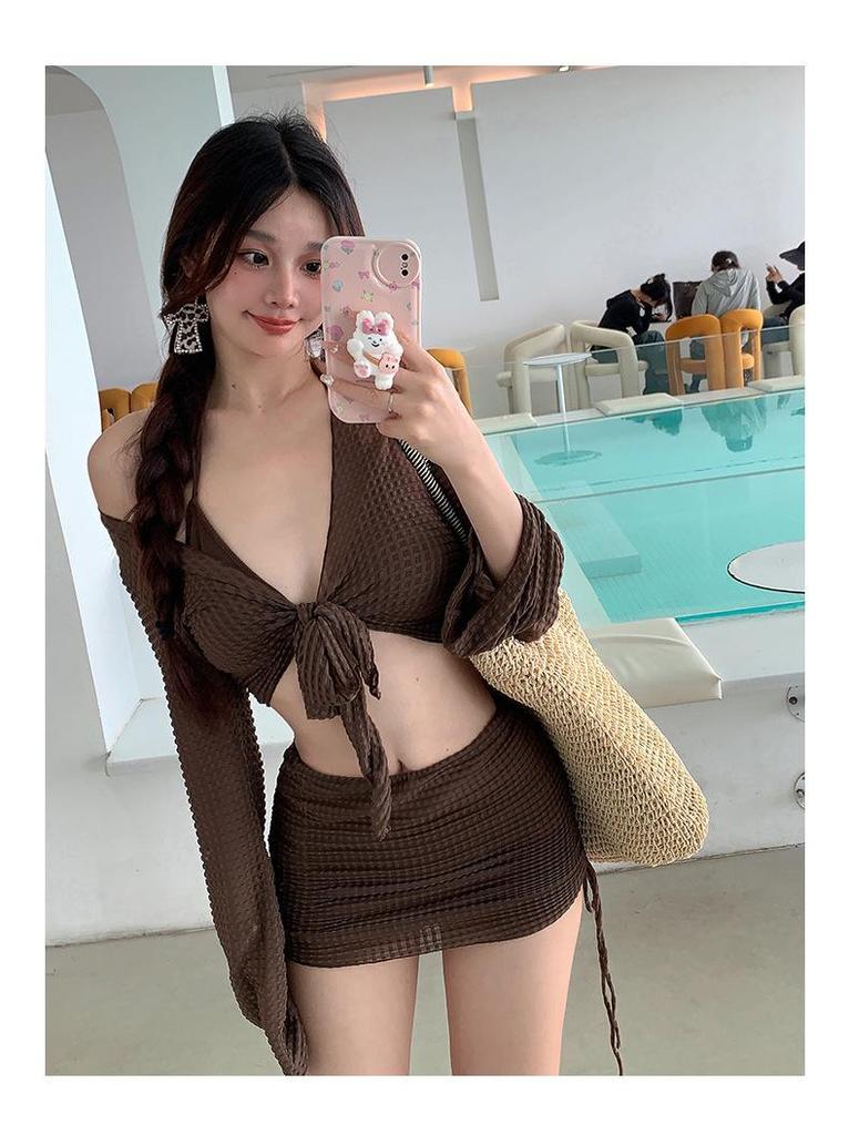 Solid Color Slimming Long-Sleeve Sun Protection 4-Piece Backless Swimwear Set for Hot Springs & Beaches