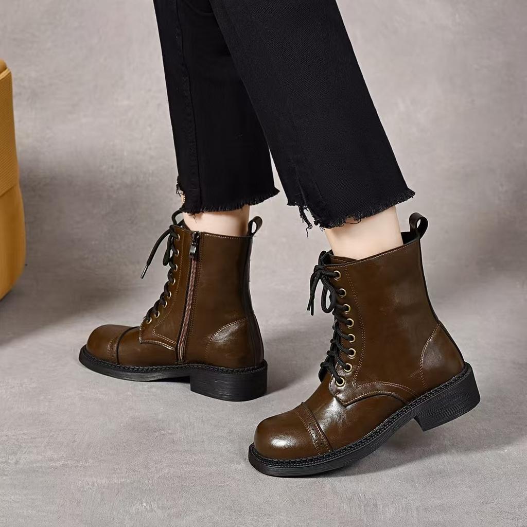 Martin boots women's autumn and winter new round head flat bottom strap short boots velvet knight boots thick heel cotton boots