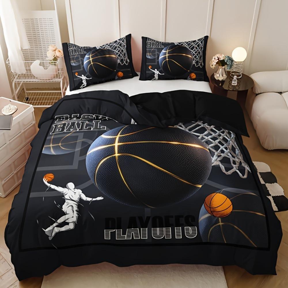 3pcs Black Bedding Set Basketball Dunk 3D Print Cozy Duvet Cover Set King Queen Twin Single Size Birthday Gift Boy Bedroom Decor