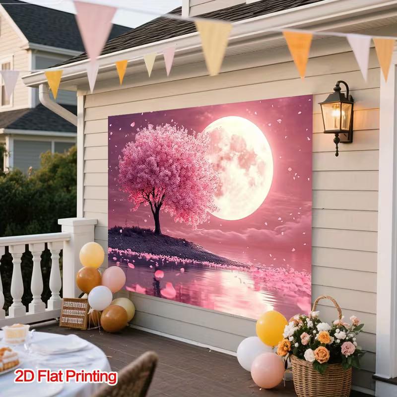 2D Romantic Cherry Blossom Moon Backdrop for Photography & Wall Decor