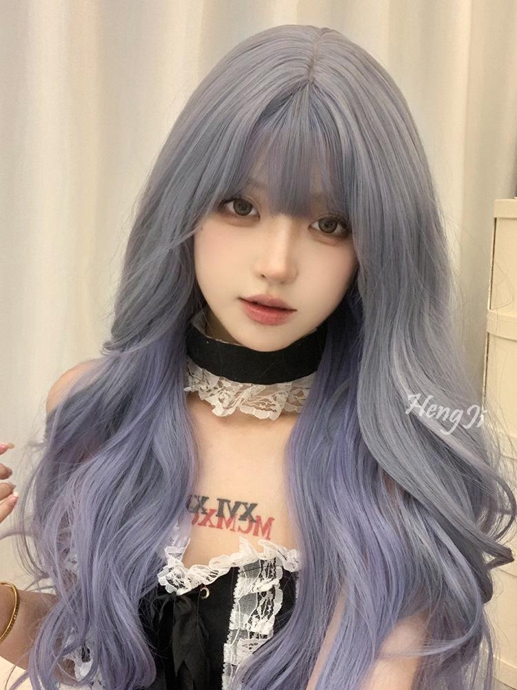 Women s Long Curly Wig with Natural Purple-Gray Waves