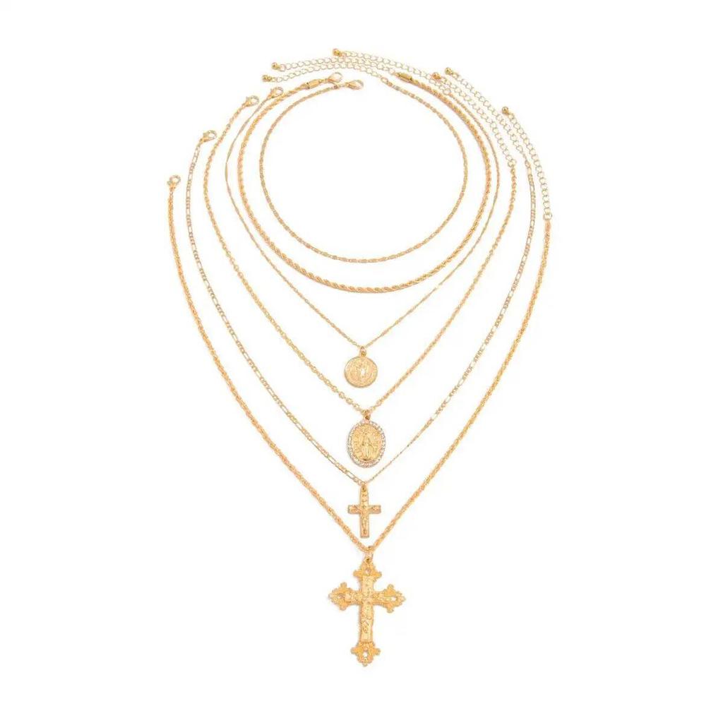 IngeSight.Z 6Pcs/Set HipHop Punk Jesus Cross Pendant Necklace Women Vintage Adjustable Gold Color Necklace Statement Y2K Jewelry