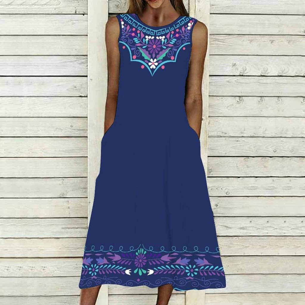 Oversized Ladies Sleeveless Round Neck Dress Soft Mixed Floral Printed Flowy Midi Gown