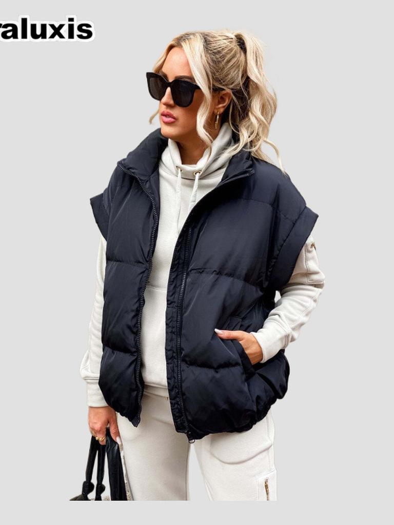 New Women's Solid Zipper Pockets Cotton Jacket Vest Slim Fit Stylish Personality Commute Coat