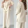 New Fall Winter Solid-Color Sweater and Pants Two Piece Sets for Women Casual Loose-Fit Slit-Hem Knit Pullover Jumprt Tops Wige Leg Trousers Suits