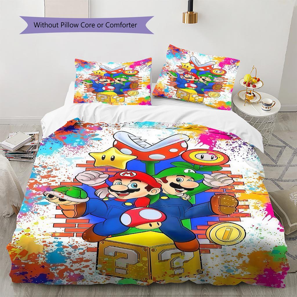 Super Mario Themed 3PCS Duvet Cover Set Soft Microfiber Bedding Kit for Kids Boys Bedroom Cartoon Game Bed Set Home Decor