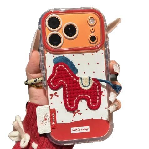 Mirror Bracket Is Suitable for Iphone17promax Mobile Phone Case, National Style Embroidery Knitted Pony Apple 16 Protective Case
