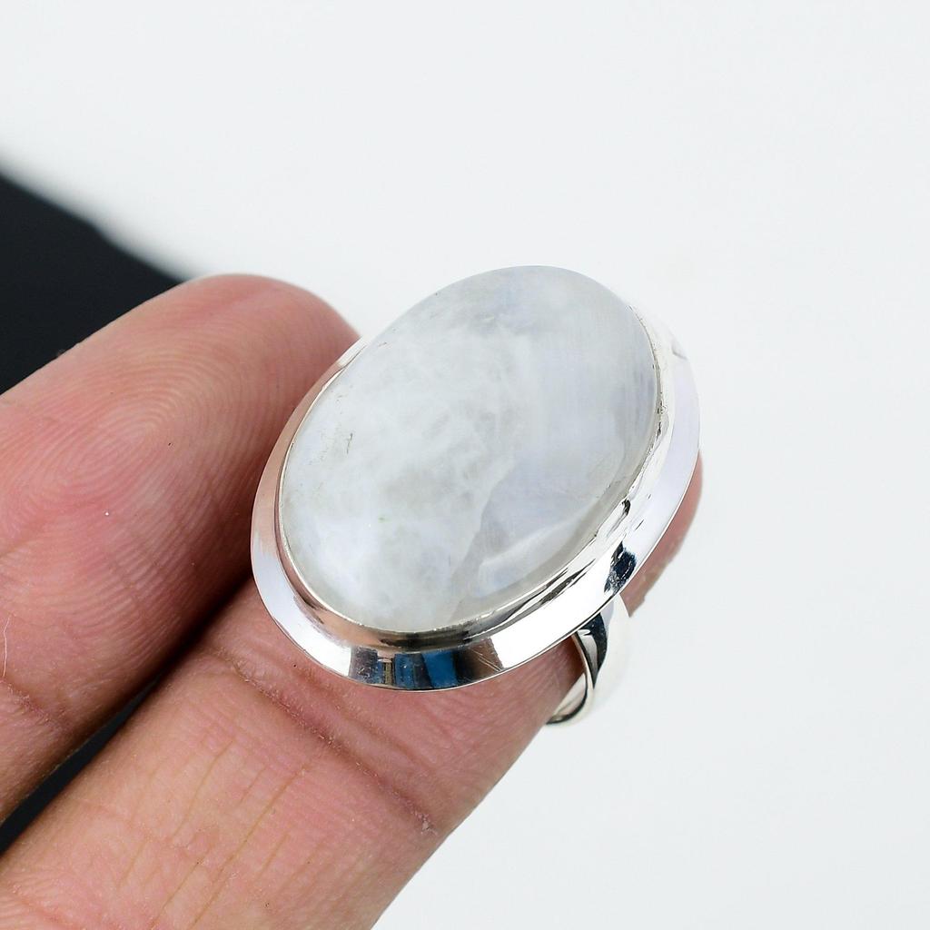 Natural Rainbow Moonstone Adjustable 925 Sterling Silver Ring - Fits US Sizes 6 To 11 - Handmade Boho Jewelry for Women & Men, Gift For Her