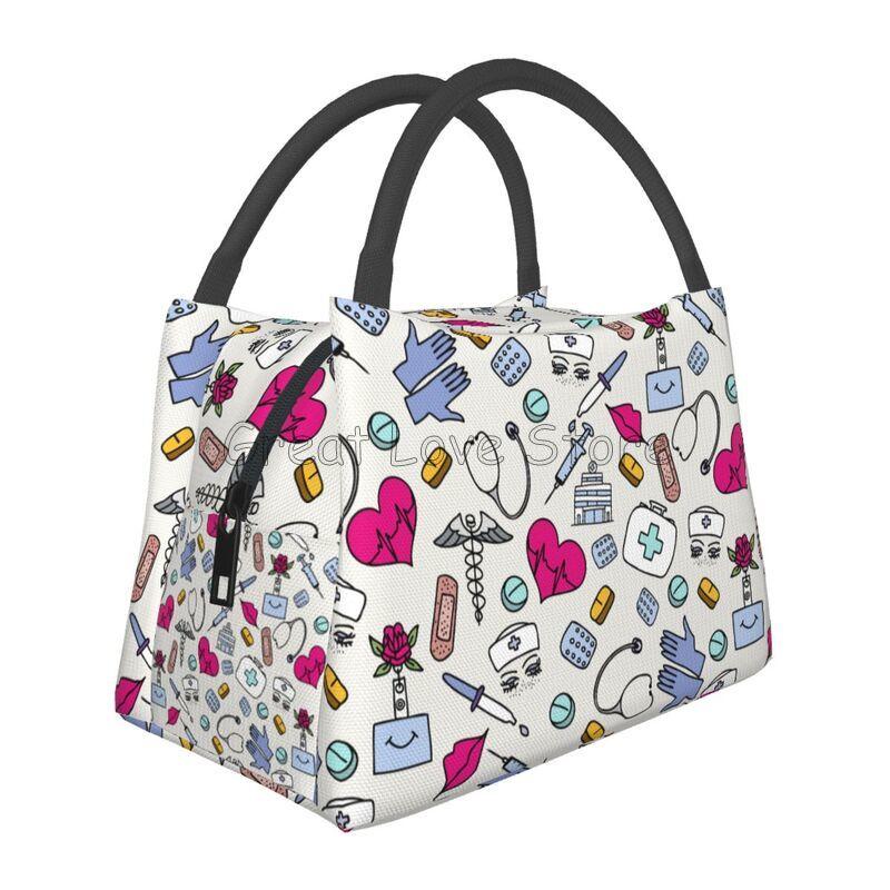 Doctors Nurse Print Thermal Lunch Bag Women Portable Insulated Cooler Bag for Picnic Work Reusable Packed Lunch Box Bags