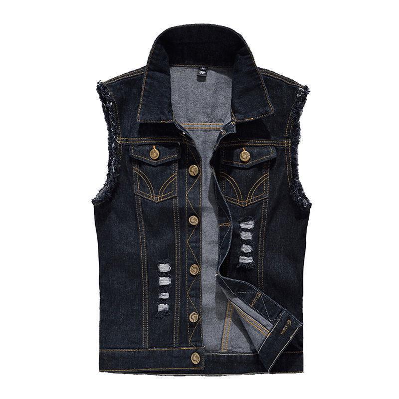 

2024 Men s Sleeveless Ripped Denim Vest - Trendy Slim-Fit Korean Style for Spring, Summer, and Autumn XXL (140-155 lbs) чёрный