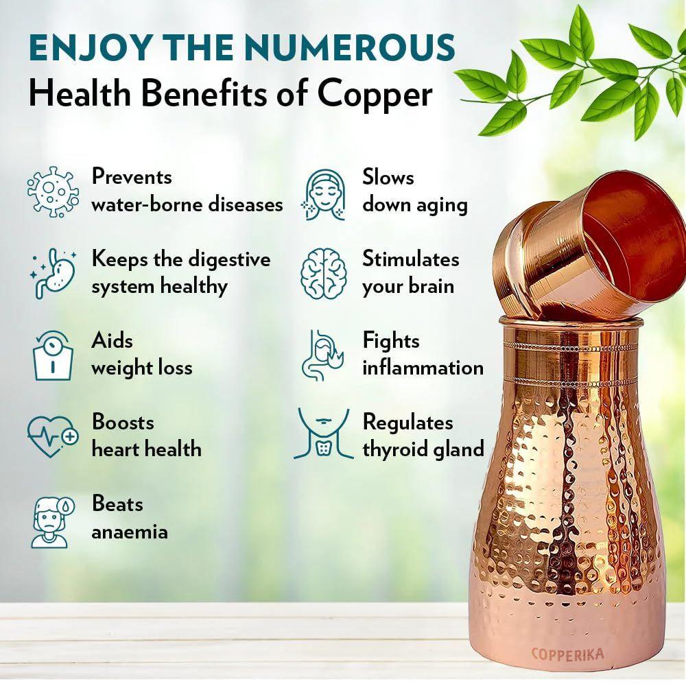 Set Cadou Diwali Ciocanit Borcan Dormitor Sticlă Apă Cupru 1000ml + Pahar Cupru (Pachet de 2-300ml Fiecare) Construcție Originală Solidă