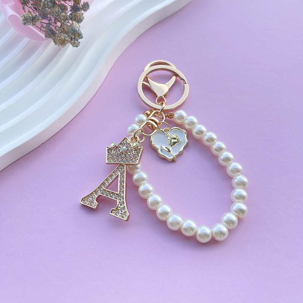 Boutique Crown A-Z 26 Initial Letters Rose Keyring Crystal Faux Pearl Resin Beaded Keychain Bag Pendant Women Girl Gifts Jewelry